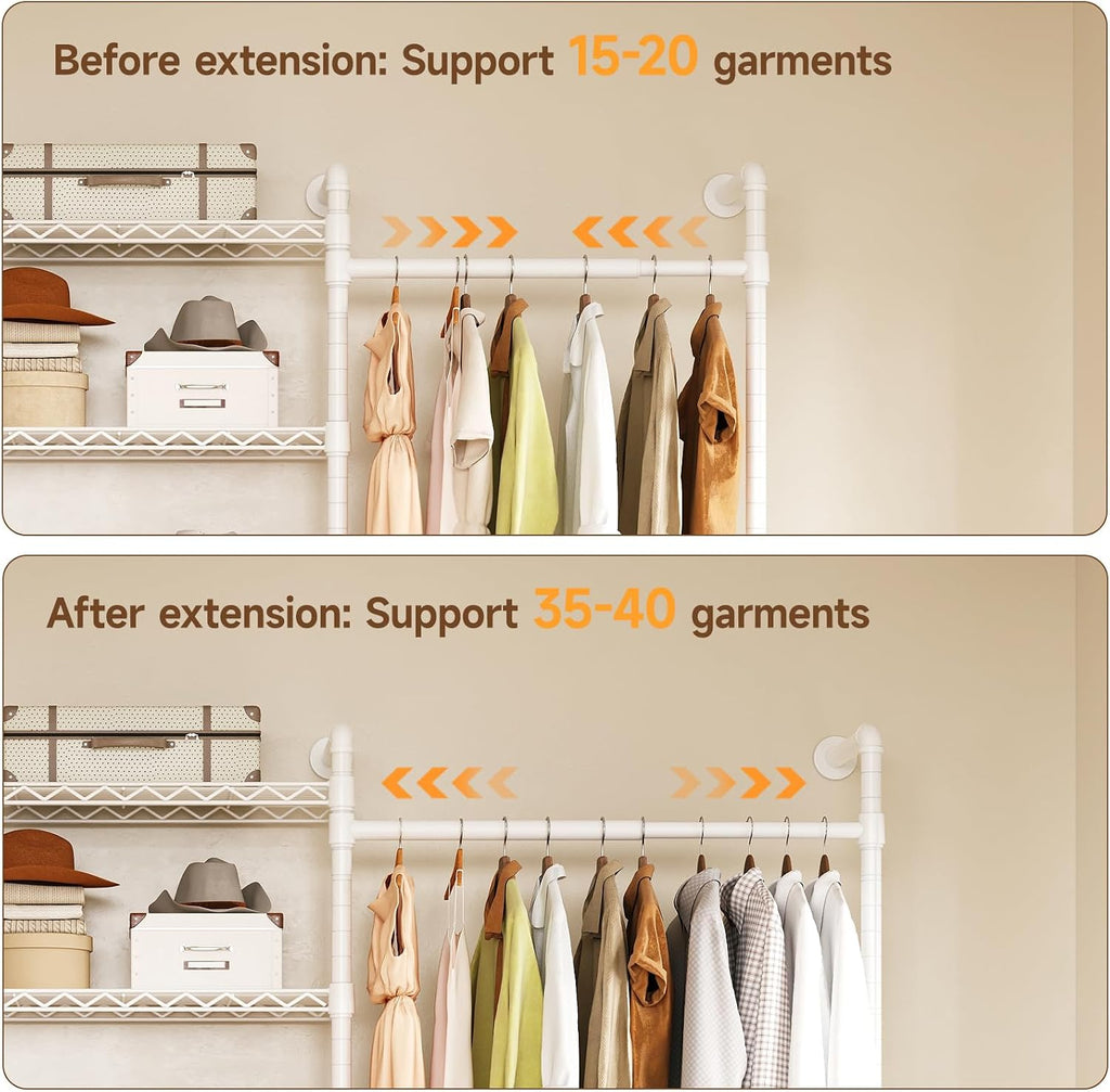 H5 Wall Mounted Closet System, Industrial Pipe Clothes Racks Clothing Rack with 4 Telescopic Rods & 3 Fixing Rods & 9