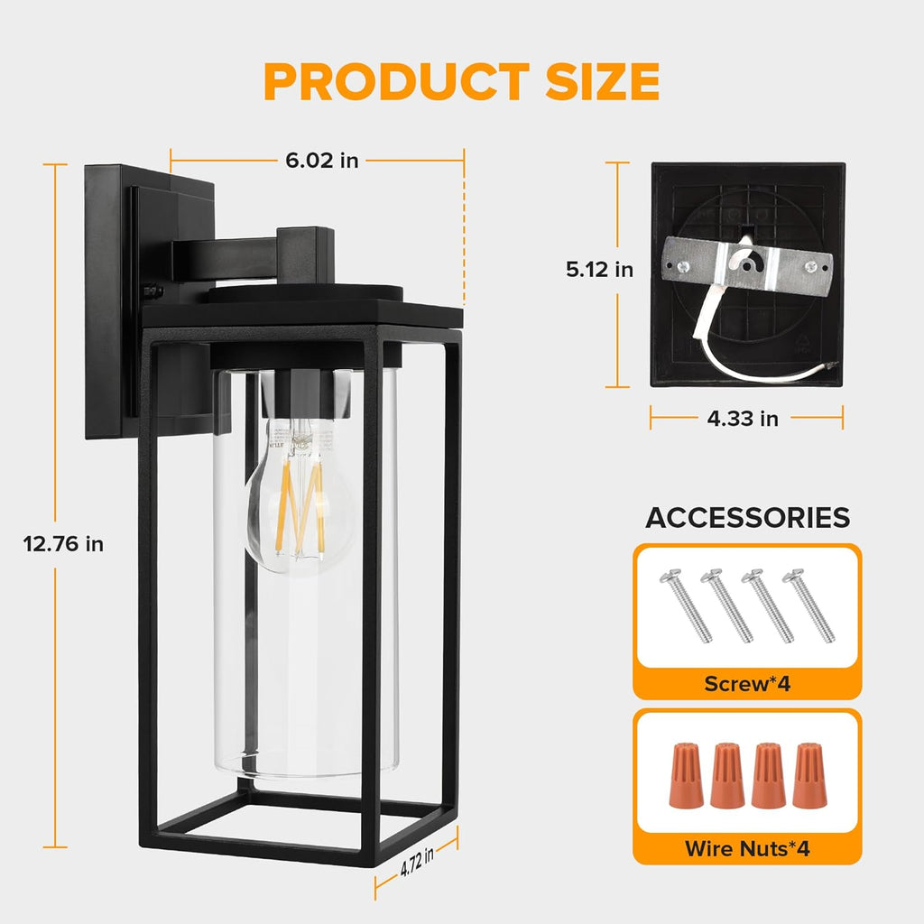 2 Pack Outdoor Wall Light Fixtures, Exterior Waterproof Lanterns with Aluminum Frame and Clear Glass Shade
