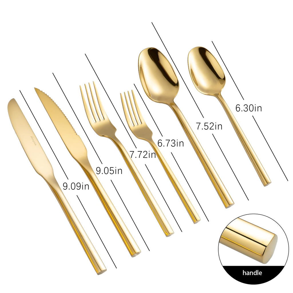 Gold Silverware Set with Steak Knives, Flatware Set with Hexagon Handle 24 Pieces 18/0 Stainless Steel Mirror