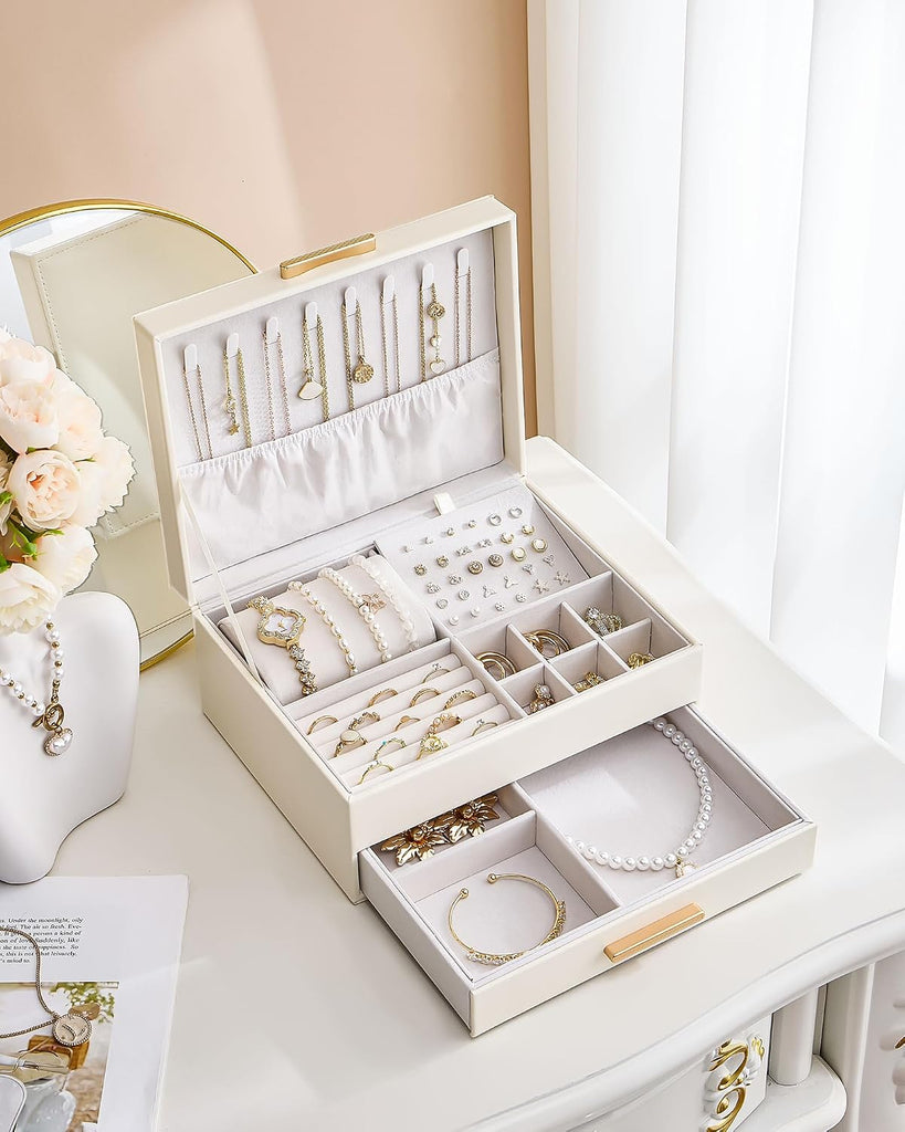 2-Layer Jewelry Box Organizer Holder for Women Girls Mom -Beige