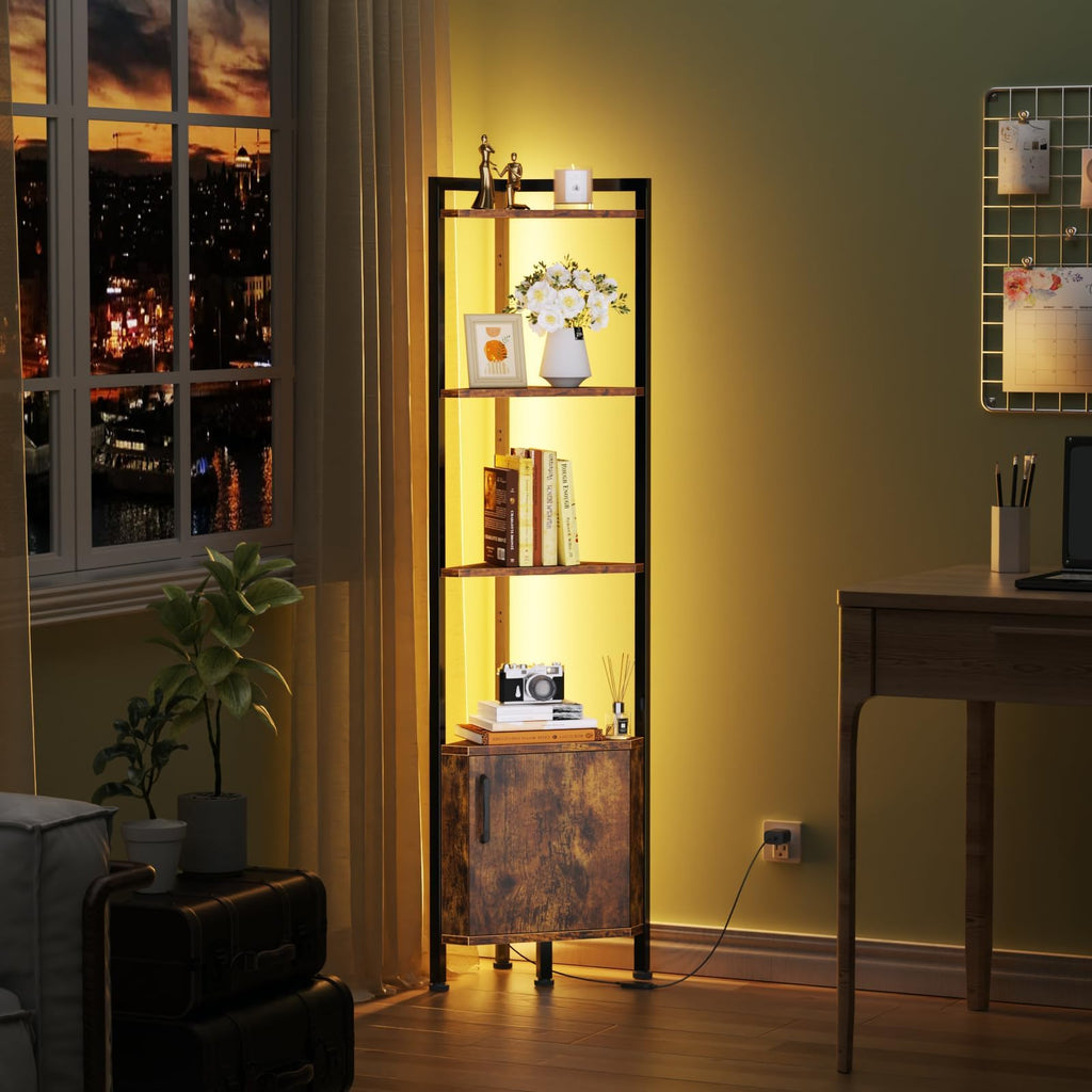 Corner Shelf Cabinet, Corner Bookshelf with Storage and LED Light