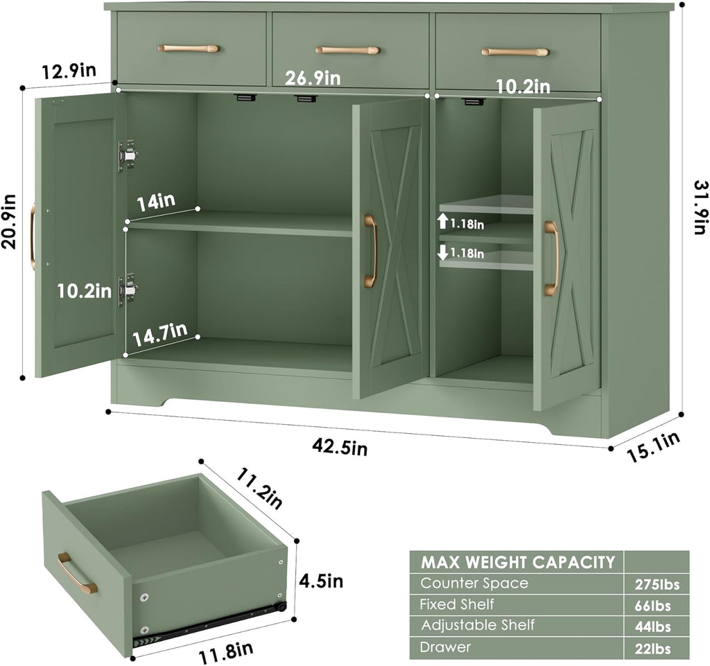 Modern Farmhouse Buffet Sideboard Cabinet, Barn Doors Storage Cabinet with Drawers and Shelves