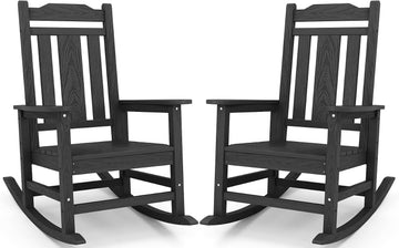 HDPE Oversized Outdoor Rocking Chairs Set of 2, Patio Rocker, Black | Heavy Duty Front Porch Rocker, All Weather