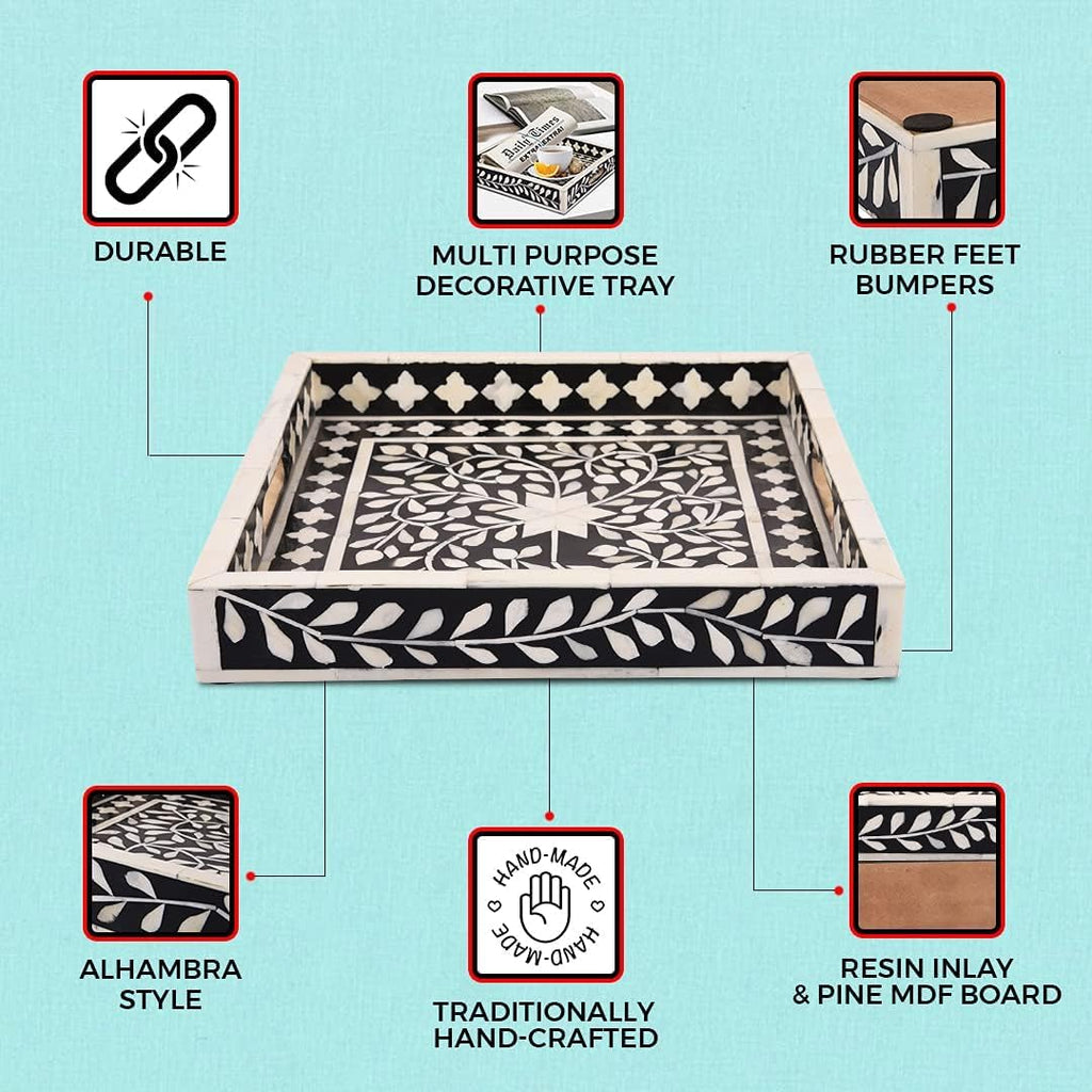 Alhambra Bone Inlay Decorative Tray, Coffee Table & Ottoman Serving Tray, Black White Vanity Countertop Organizer