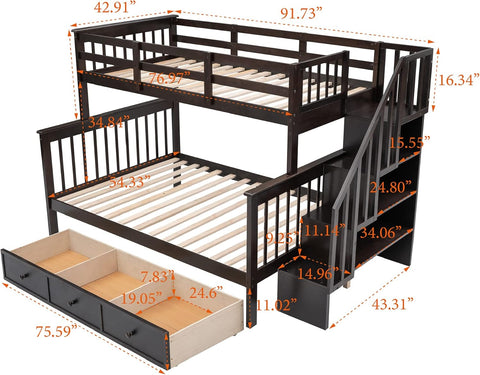 Wood Twin Over Full Bunk Bed with Storage Stairs for Kids Boys Girls, Stairway Bunk Bed with Drawers and Guardrails