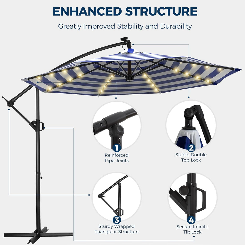 10ft Solar LED Cantilever Patio Umbrella with Base Included, Premium 220GSM Solution-Dyed Fabric