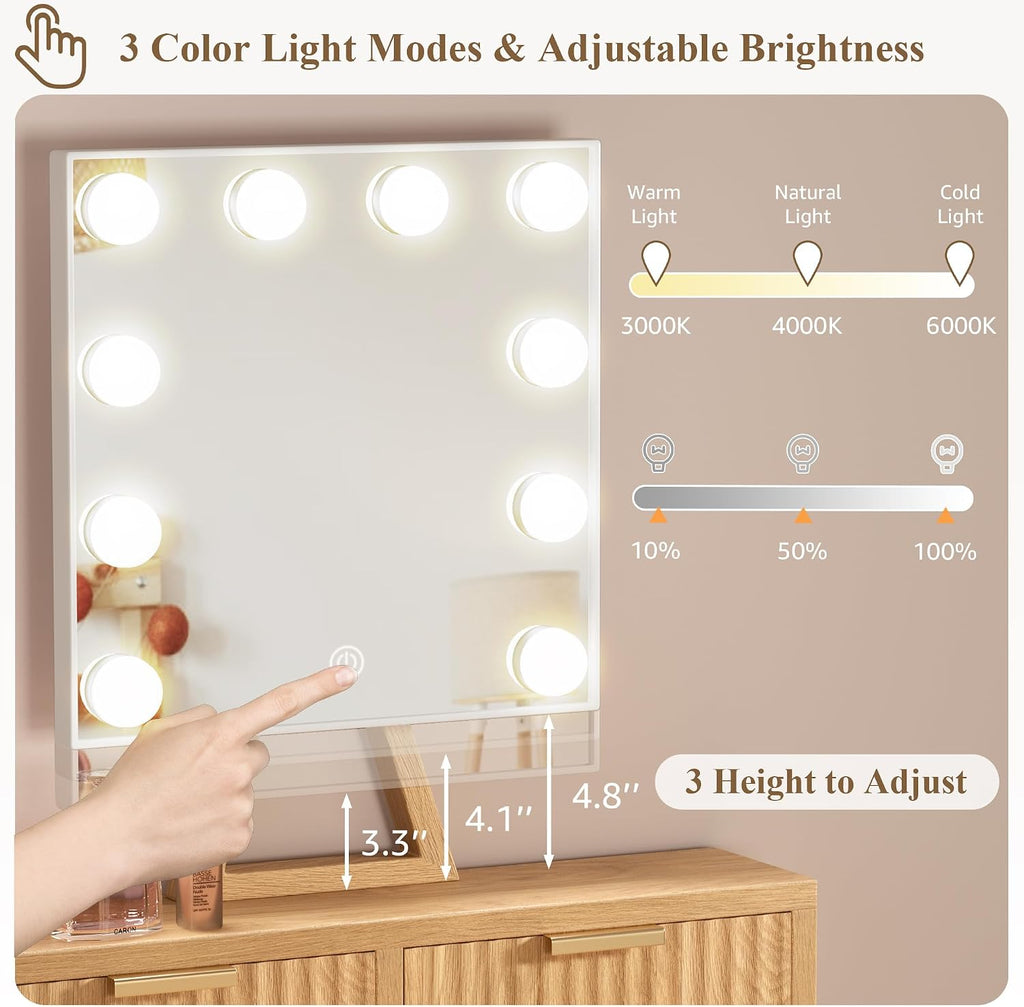 Small Vanity Desk with Hollywood Mirror and Lights, Girls Vanity with Stool, Fluted Vanity Set, Compact Make Up Table