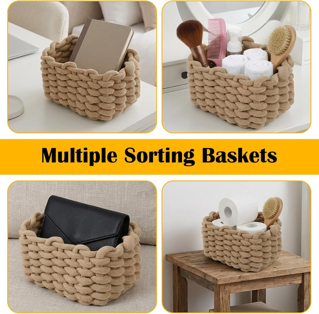 Small Woven Decorative Baskets, 4pcs Mini Cotton Rope Basket Set for Storage, Woven Square Baskets for Organizing