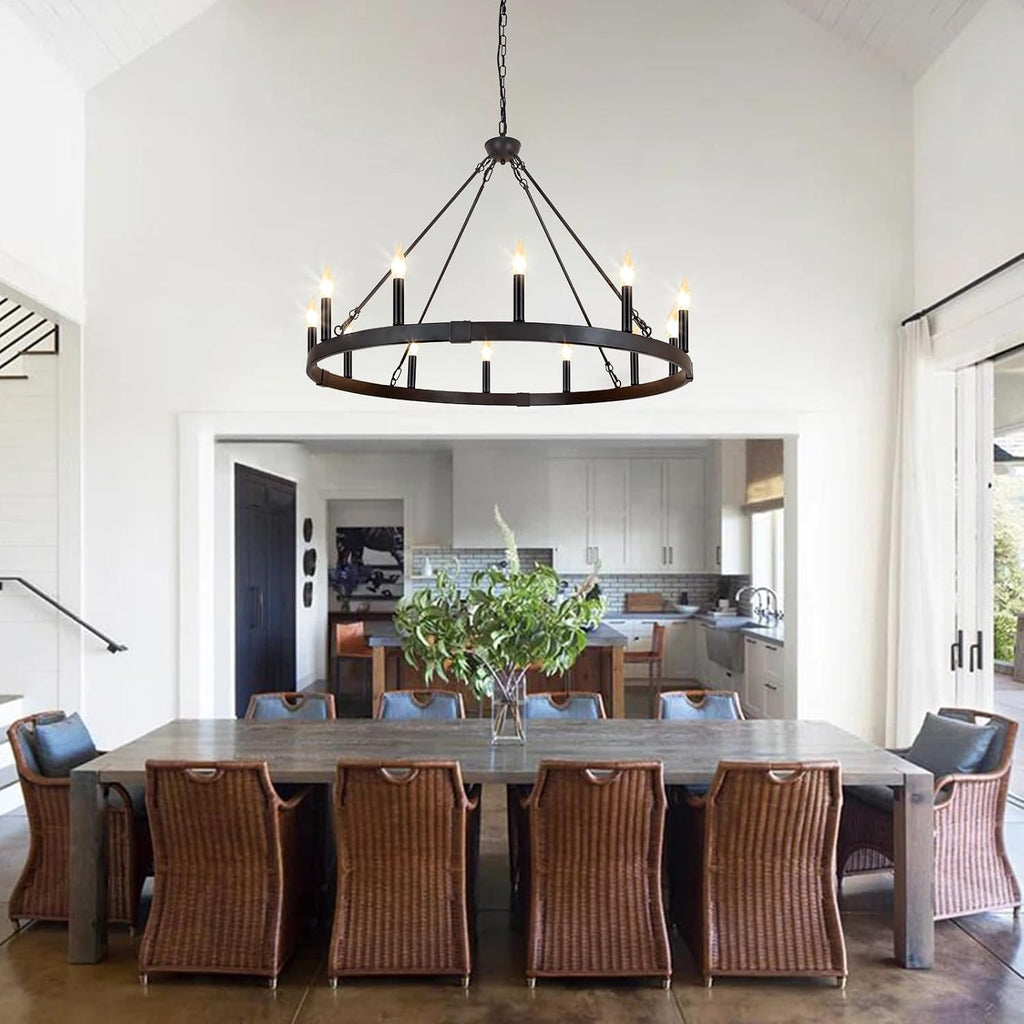 Black Wagon Wheel Chandelier 38 inch, 12-Light Black Round Industrial Farmhouse Chandeliers for High Ceilings Dining