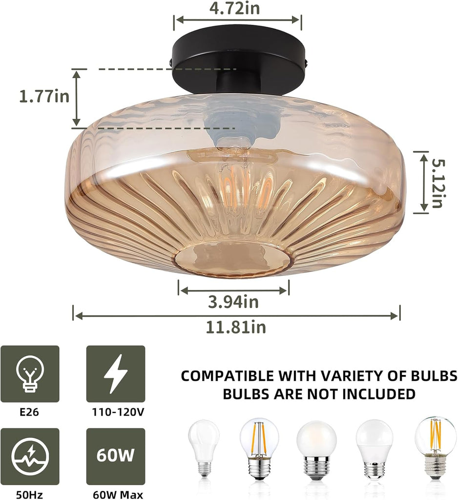 Semi Flush Mount Ceiling Light,11.8 inch Vintage Warm Amber Glass Ceiling Light Fixture,Living Room Lighting Fixtures