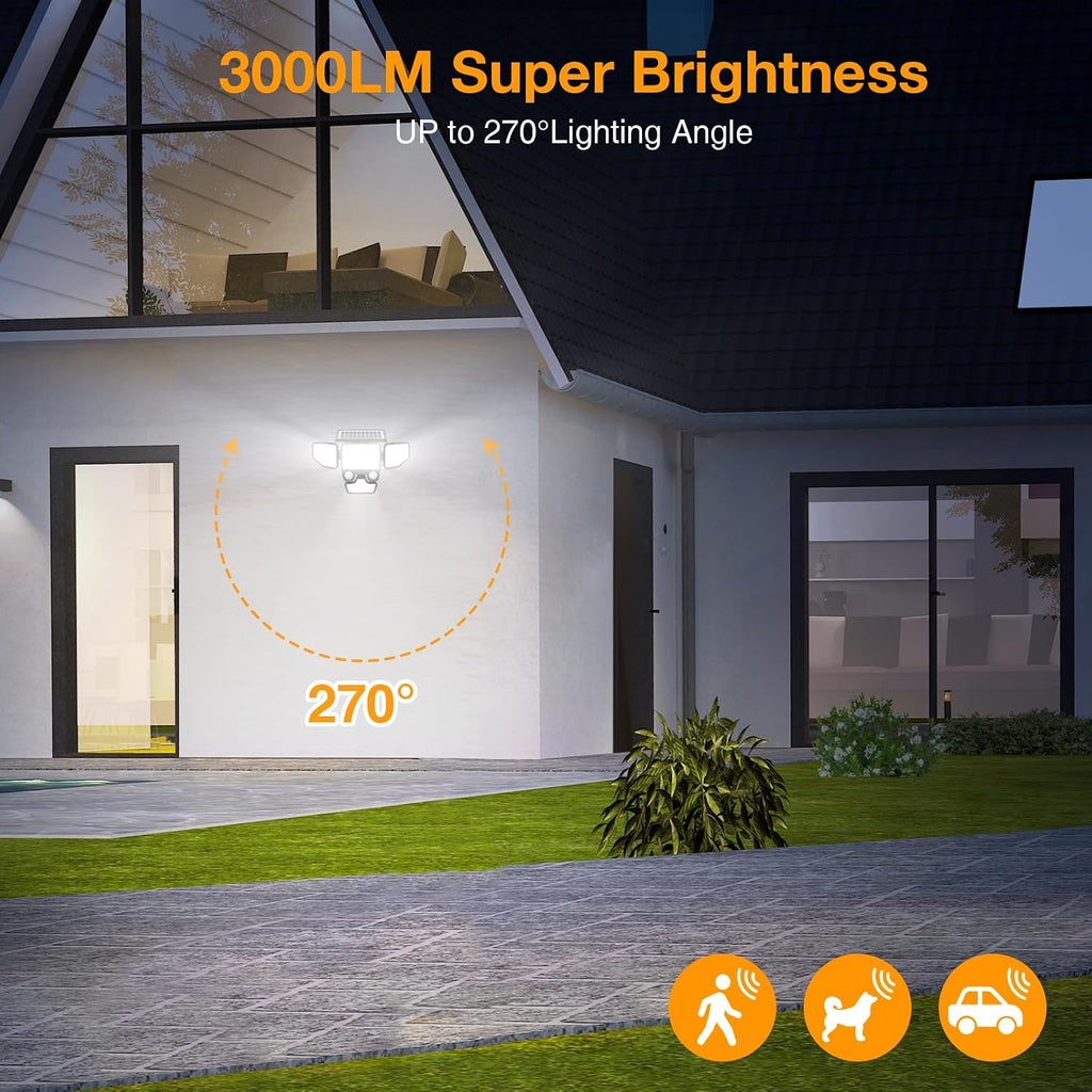 3000LM Solar Lights Outdoor, 4 Heads Solar Security Lights with Remote Control, 180 LEDs IP65 Waterproof Motion