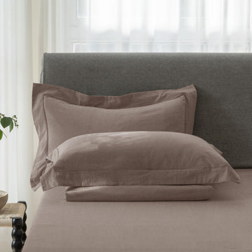 Queen Size Pillow Shams Set of 2 - 100% Cotton, Linen-Like Texture, Embroidered Flange Edge, Envelope Closure
