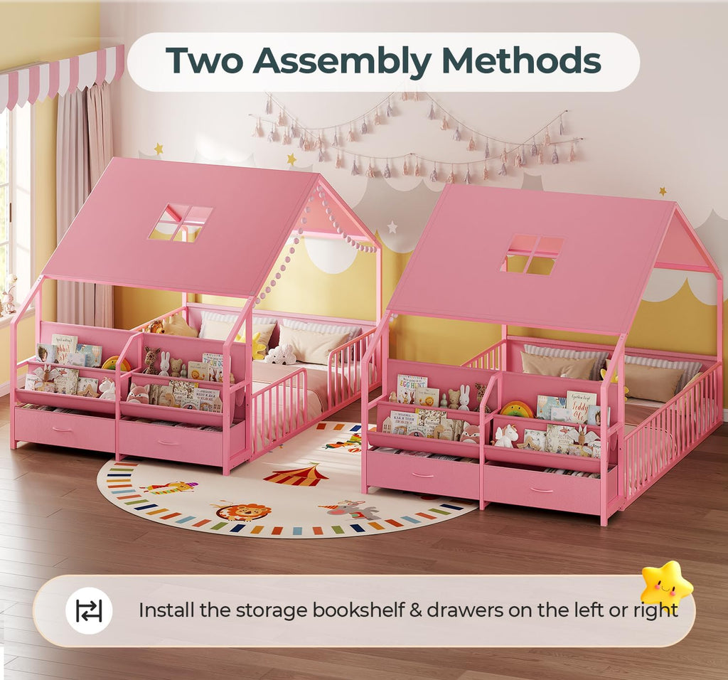 Montessori Full Size Floor Bed, Safety Guardrails, Reading Nook, Pink | House Shape, Sling Bookshelves, Storage