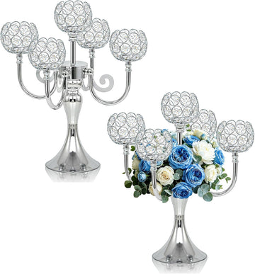 5 Arm Metal Crystal Candelabra Centerpiece - 13.4 Inch Elegant Candle Holder with Crystal Beadsation (2, Silver)