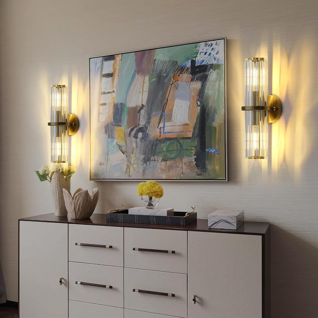 Crystal Wall Sconce Set of 2, Gold Crystal Bathroom Wall Light, Modern Sconces Wall Decor 2-Light Luxury Indoor Wall