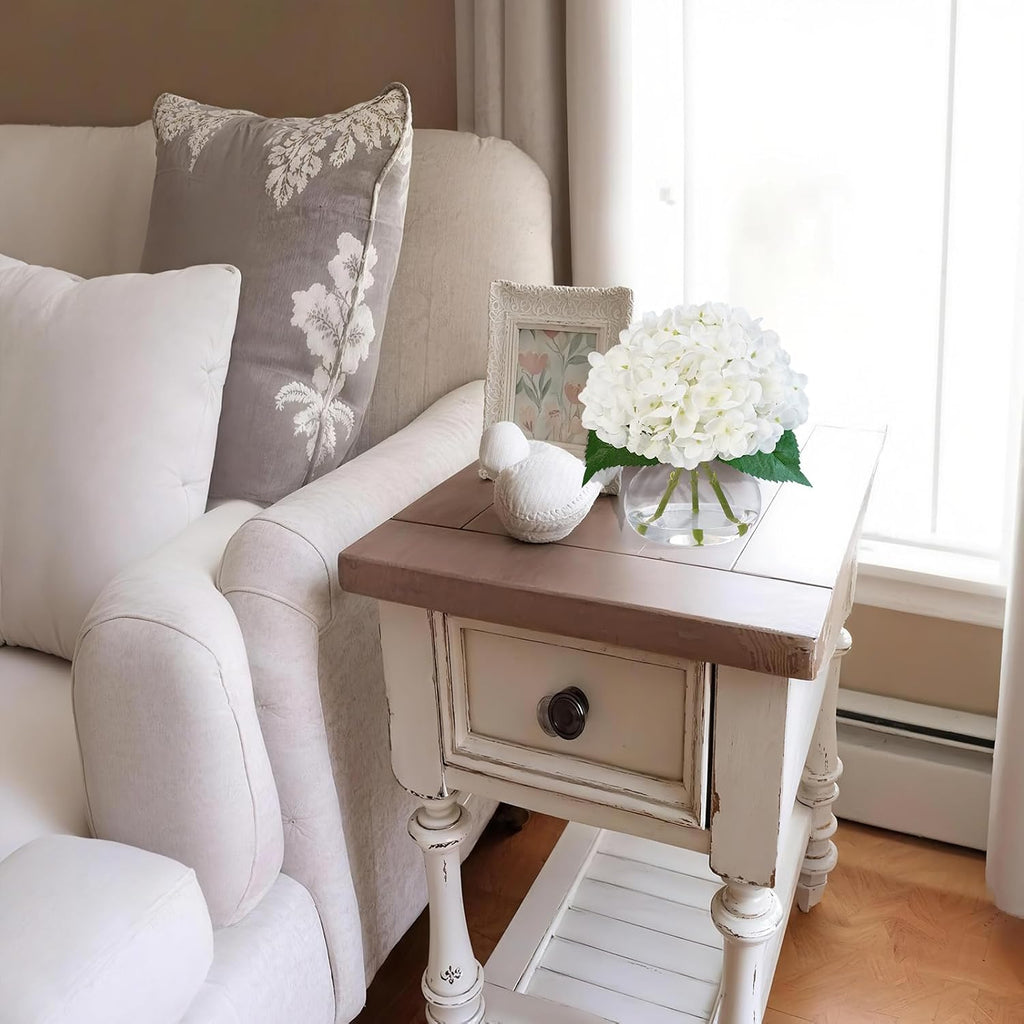 Hydrangea Artificial Flowers in Glass Vase, White Silk Fake Flowers Silk Centerpiece Table Decorations , Coffee Table