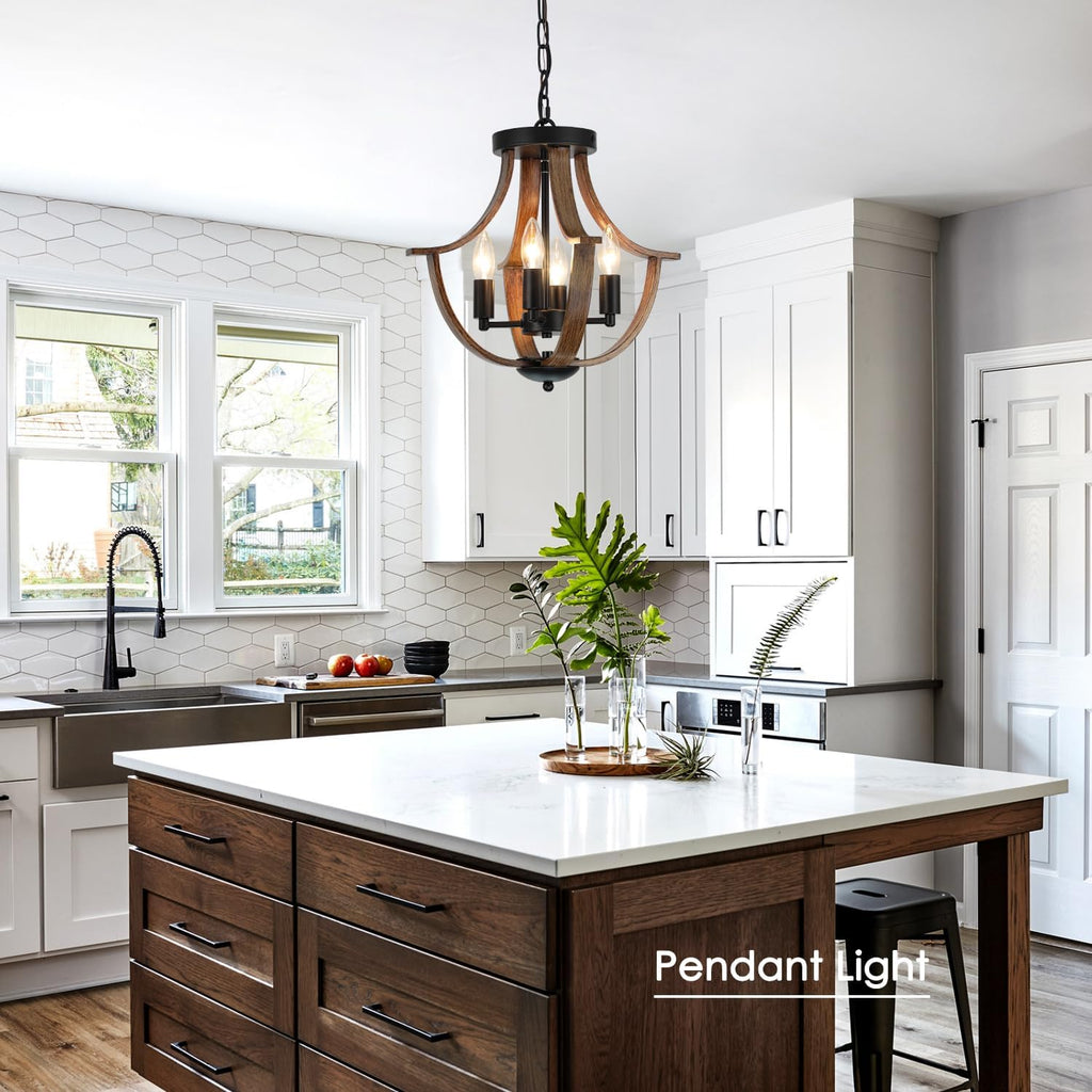 Farmhouse Hanging Pendant Lighting, 4-Light Rustic Flush Mount Ceiling Light Fixture,Modern Faux Wood Vintage