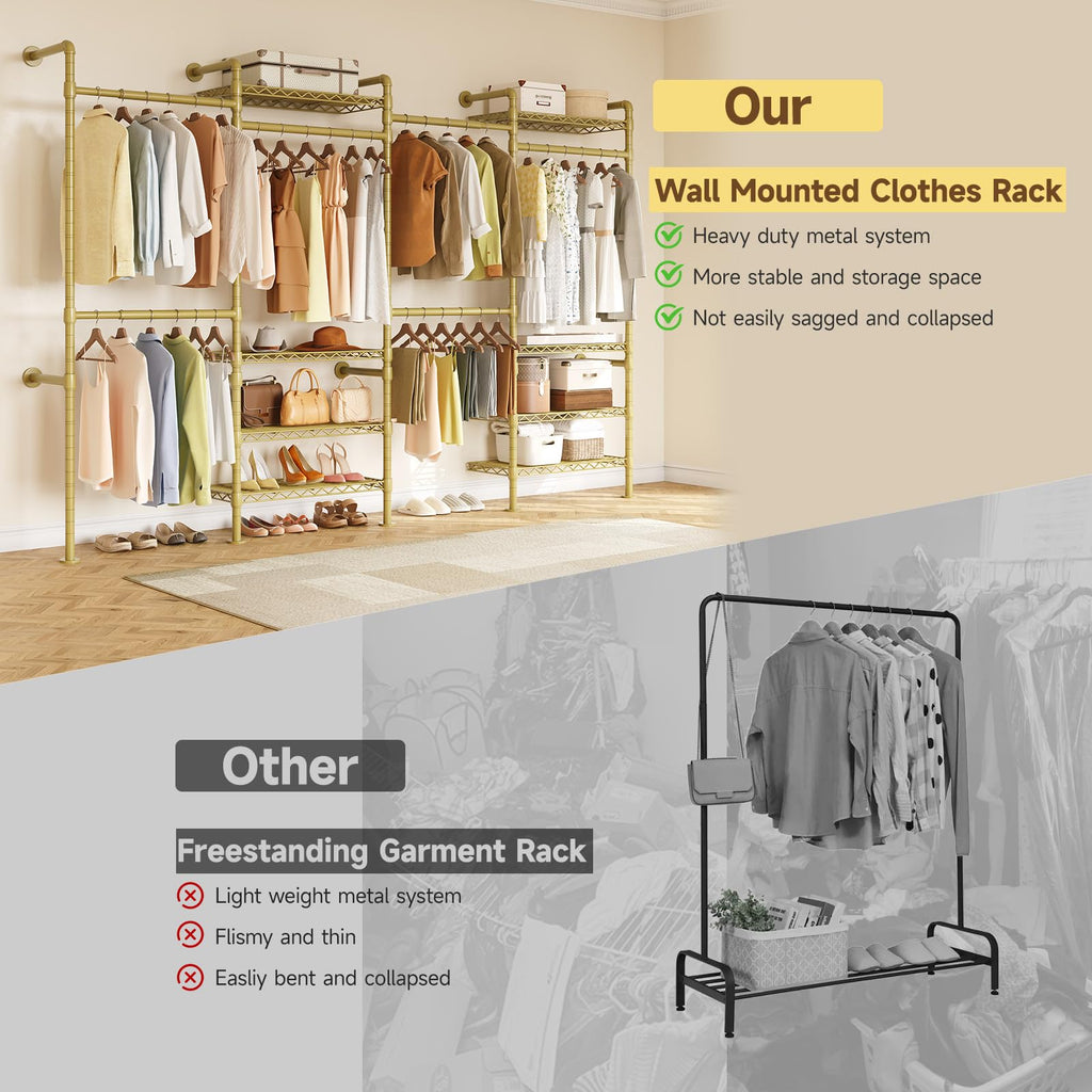 H4 Wall Mounted Closet System, Expandable Industrial Pipe Clothing Rack