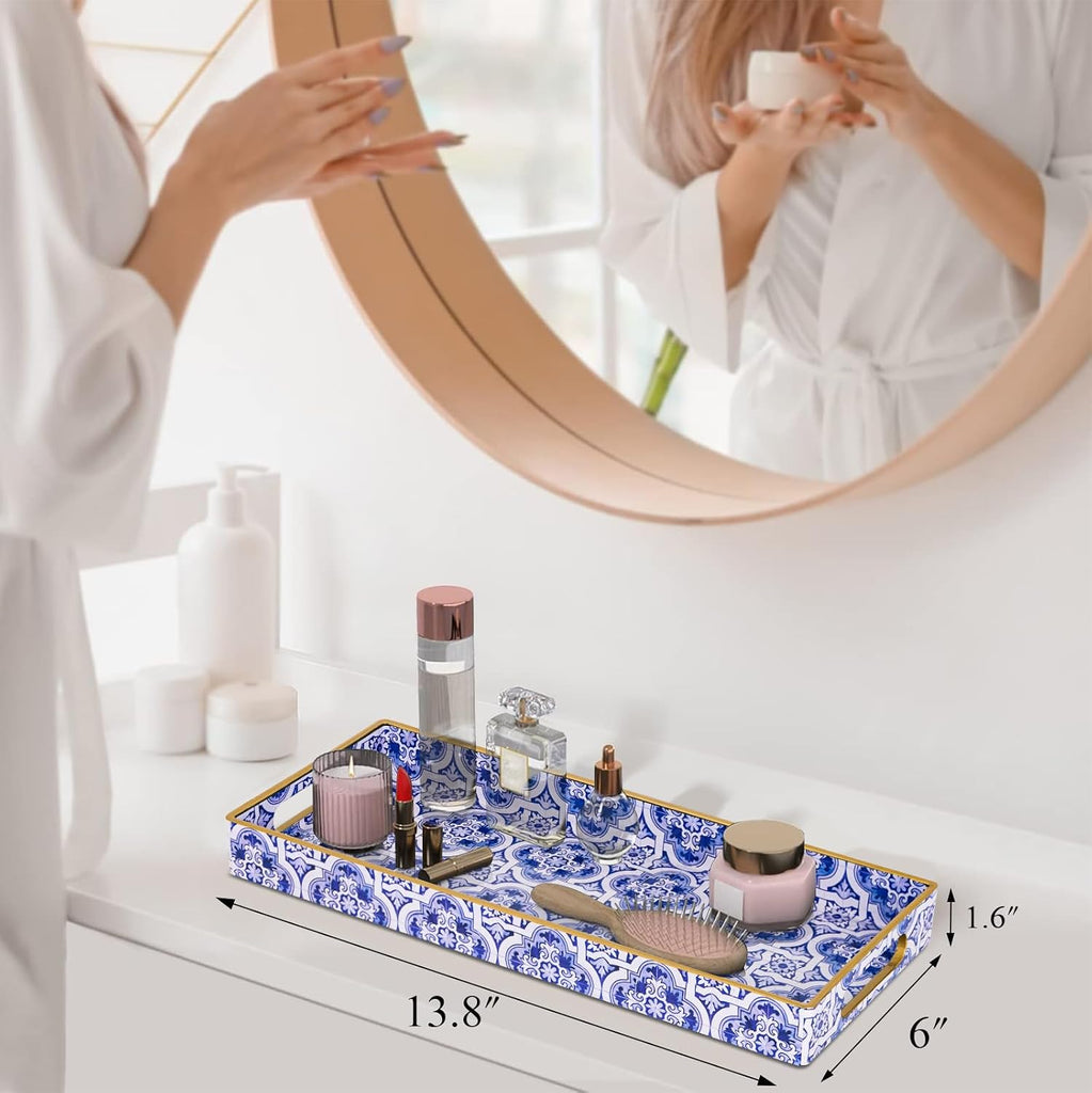 Blue Decorative Tray, Plastic Serving Tray with Handles, Rectangular Moroccan Trays, Long Narrow Trays Counter, 13.8"