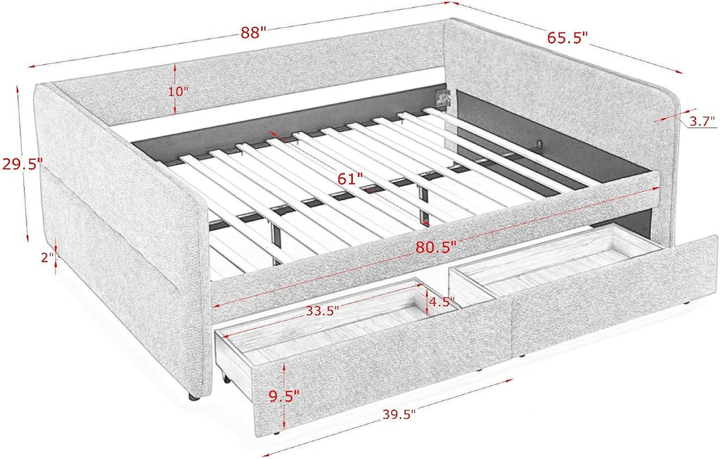 Queen daybed with 2 Drawers, Queen Corner Bed, Upholstered Bed Frame with 2 Drawers for Kids,Teens,Adults, Boucle, Blue