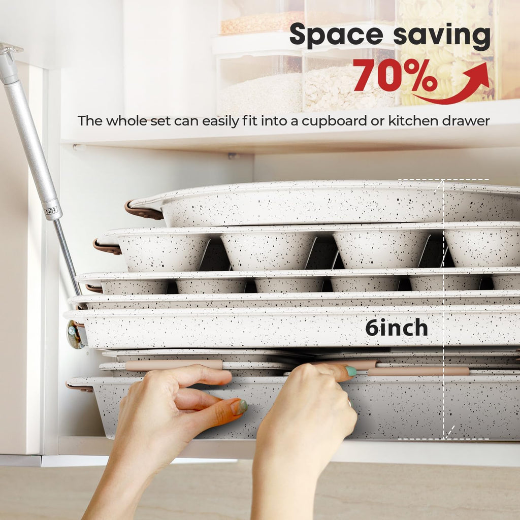 11-Piece Pans Set Nonstick, Stackable Bakeware Set, White&Khaki | Toxin-Free Pans Set with Silicone Handles, Includes
