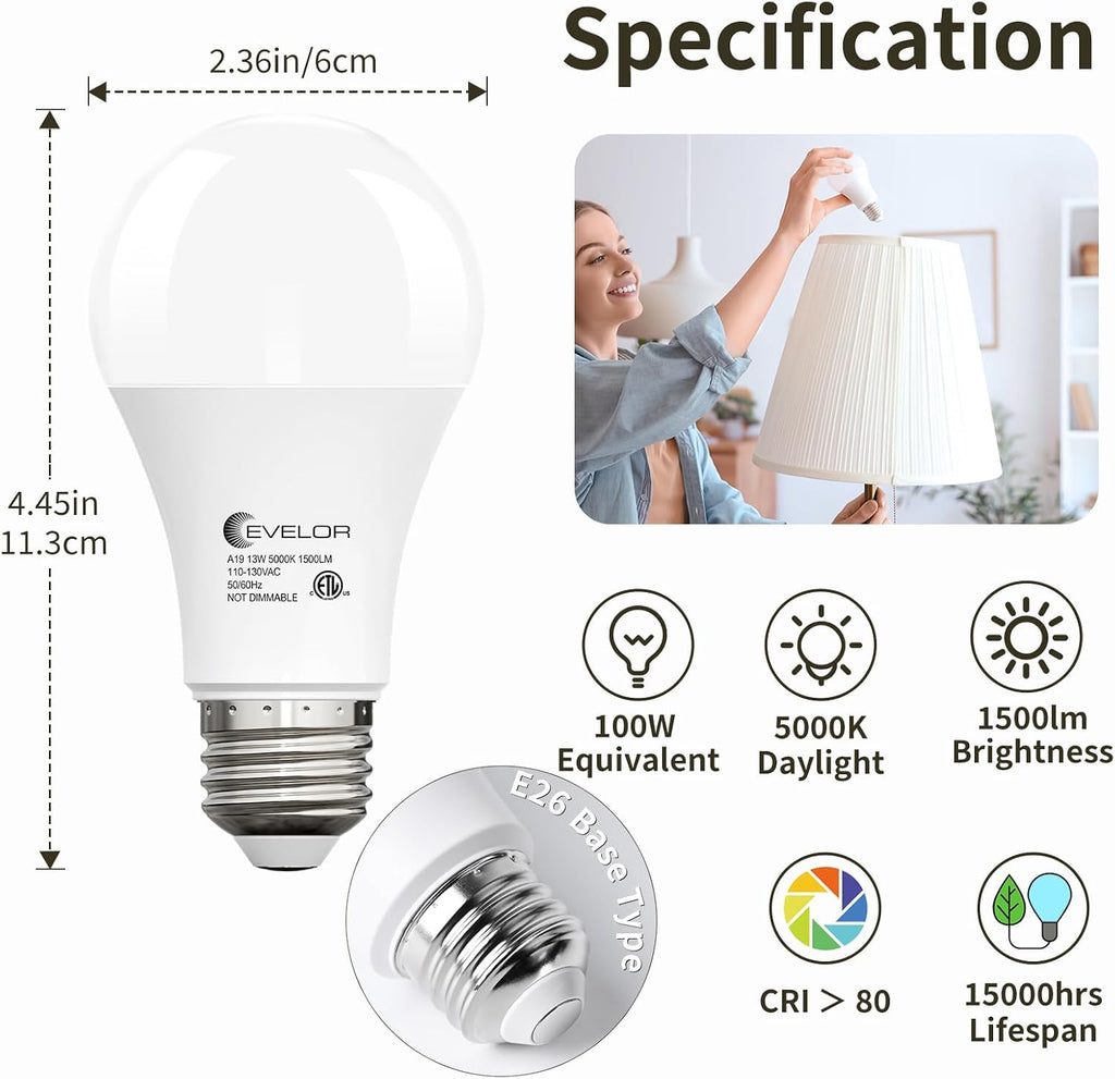 6-Packs A19 LED Light Bulbs,100 Watt Equivalent Daylight 5000K Bright Bulbs Efficient 13W,1500 Lumens E26 Base, Non