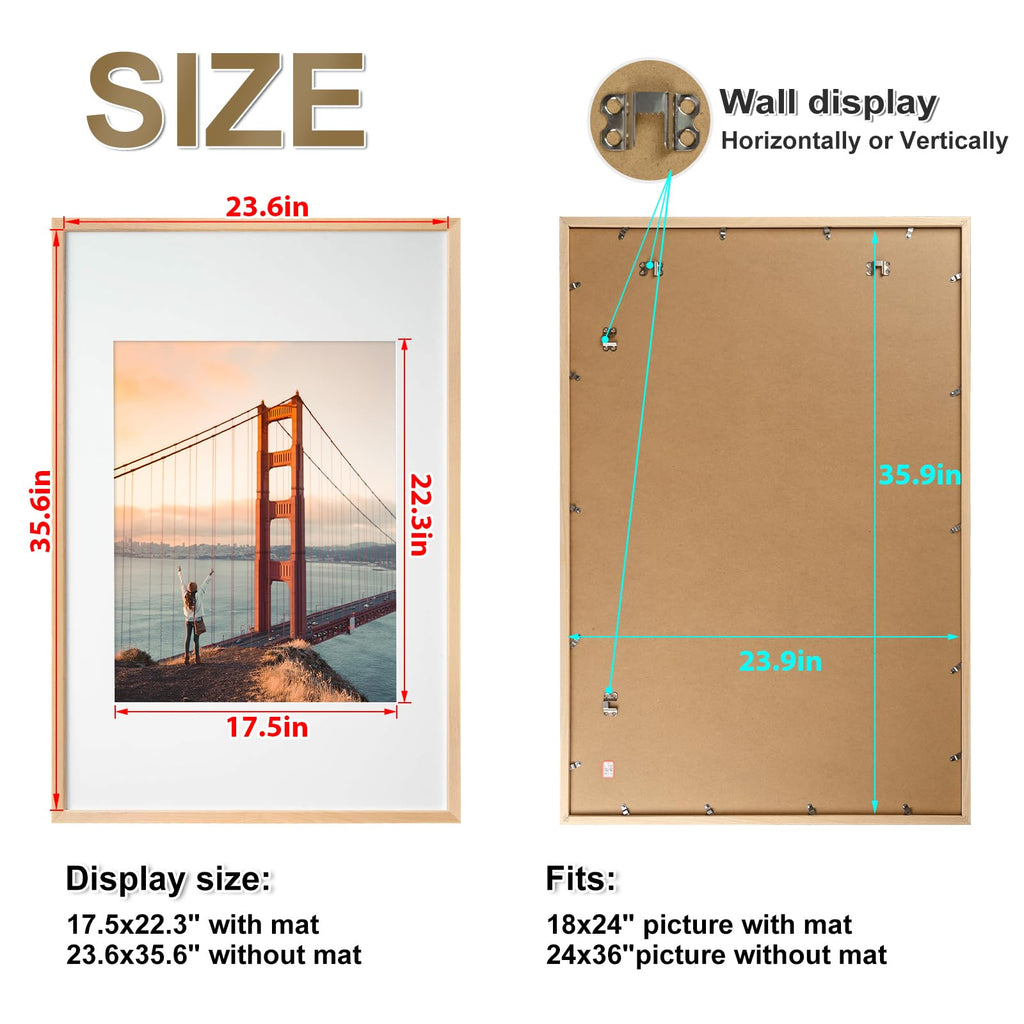 24x36 Picture Frame Natural - Solid Wood Frames with Acrylic Plexiglass for Pictures 18x24 with Mat or 24x36 without