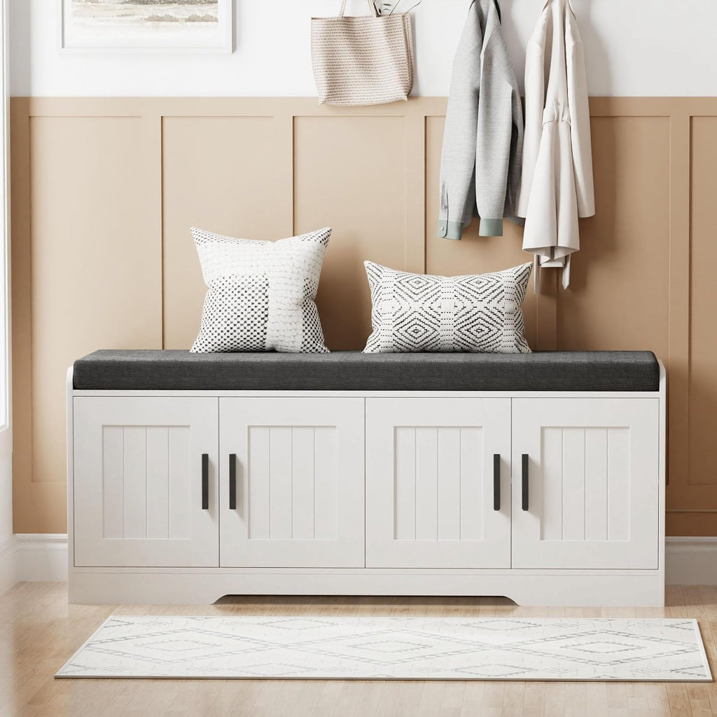2-Tier Storage Bench, Shoe Bench with Thickened Padded Seat Cushion, Entryway Bench with 4 Doors, Adjustable Shelf