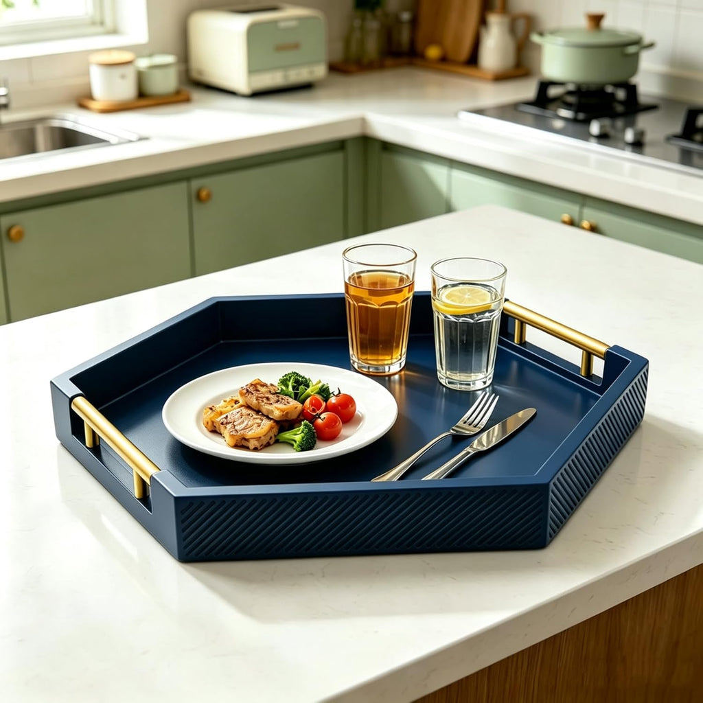 Hexagon Decorative Serving Tray with Polished Gold-Tone Metal Handles, Black Glossy Finish, Large Ottoman and Coffee