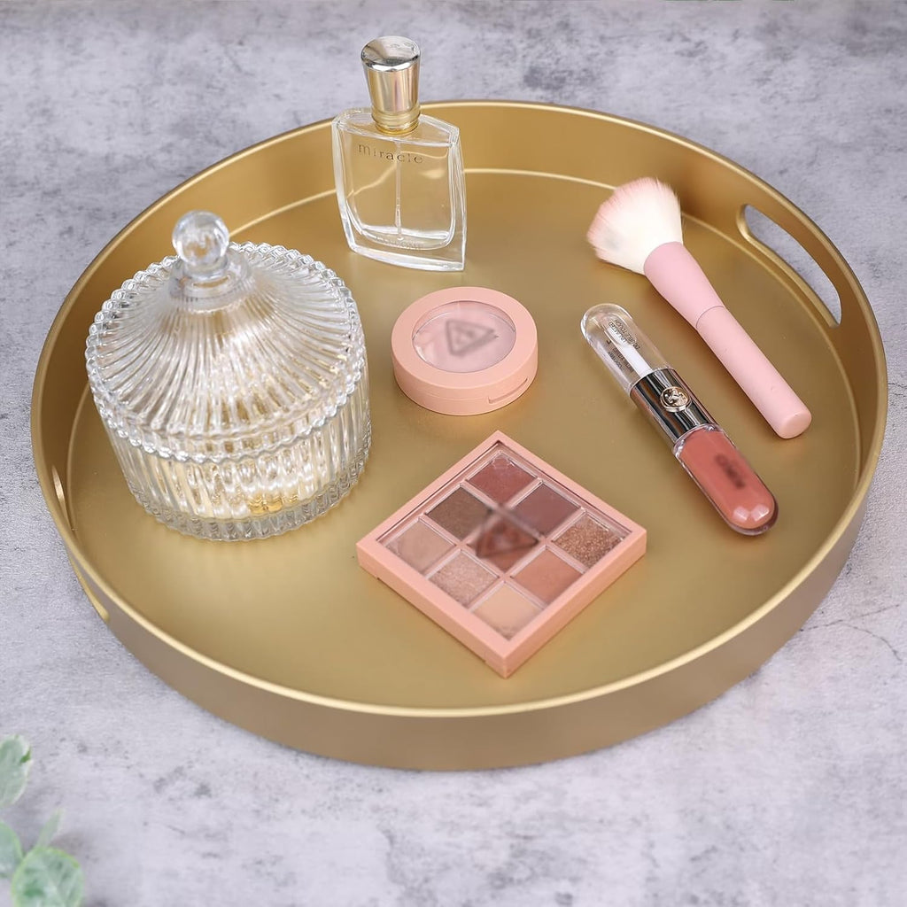Round Gold Decorative Serving Tray with Handles, 13" Versatile Ottoman Tray for Coffee Table, Entertaining, Outdoor
