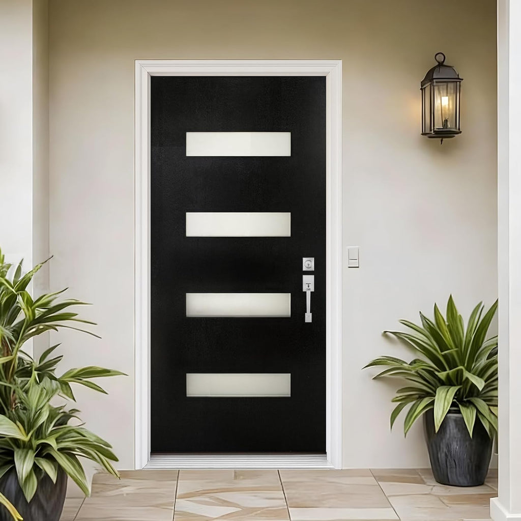 36"x80" Modern Style Fiberglass Front Door with Mahogany Wood Grain Texture, 4-Lite Frosted Glass, Left Inswing