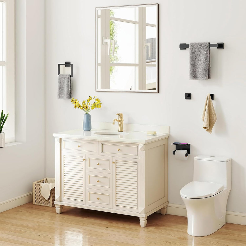 5-Piece Matte Black Bathroom Accessories Hardware Set | Stainless Steel Towel Racks , 16 Inch Bath Towel Bar Set Wall