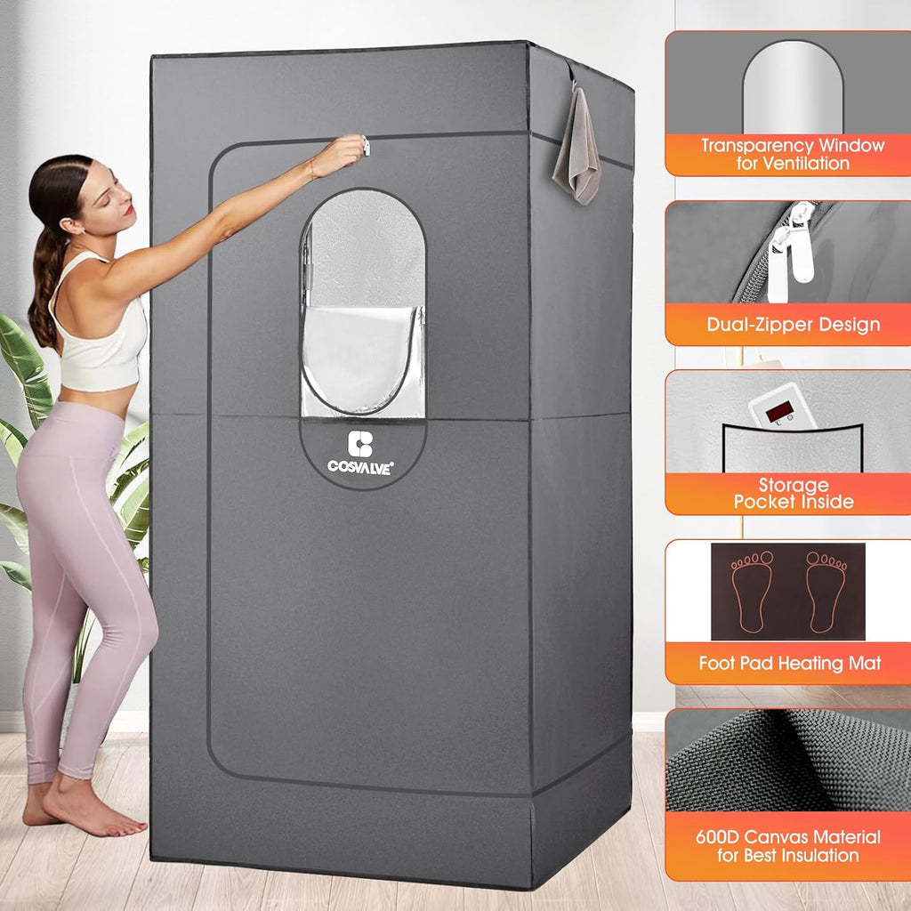 Portable Infrared Sauna for Home, Dry Sauna with 4 Heating Panels and Heated Foot Pad, 1 Person Infrared Sauna Tent Full Size, Remote Control, Indoor Home Spa, 35.4" x 35.4" x 71", Grey