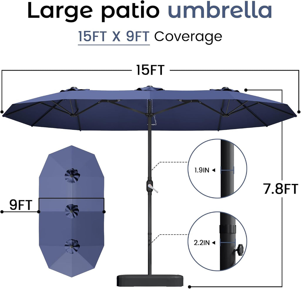 15ft Patio Umbrella with Base,Large Outdoor Double-Sided Rectangle Umbrella with Crank Handle, Market Umbrella Pools