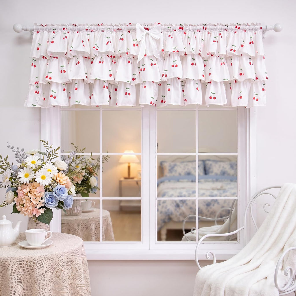 White Ruffled Valance for Small Window Red Cherry Print 52W x 18L 1PC