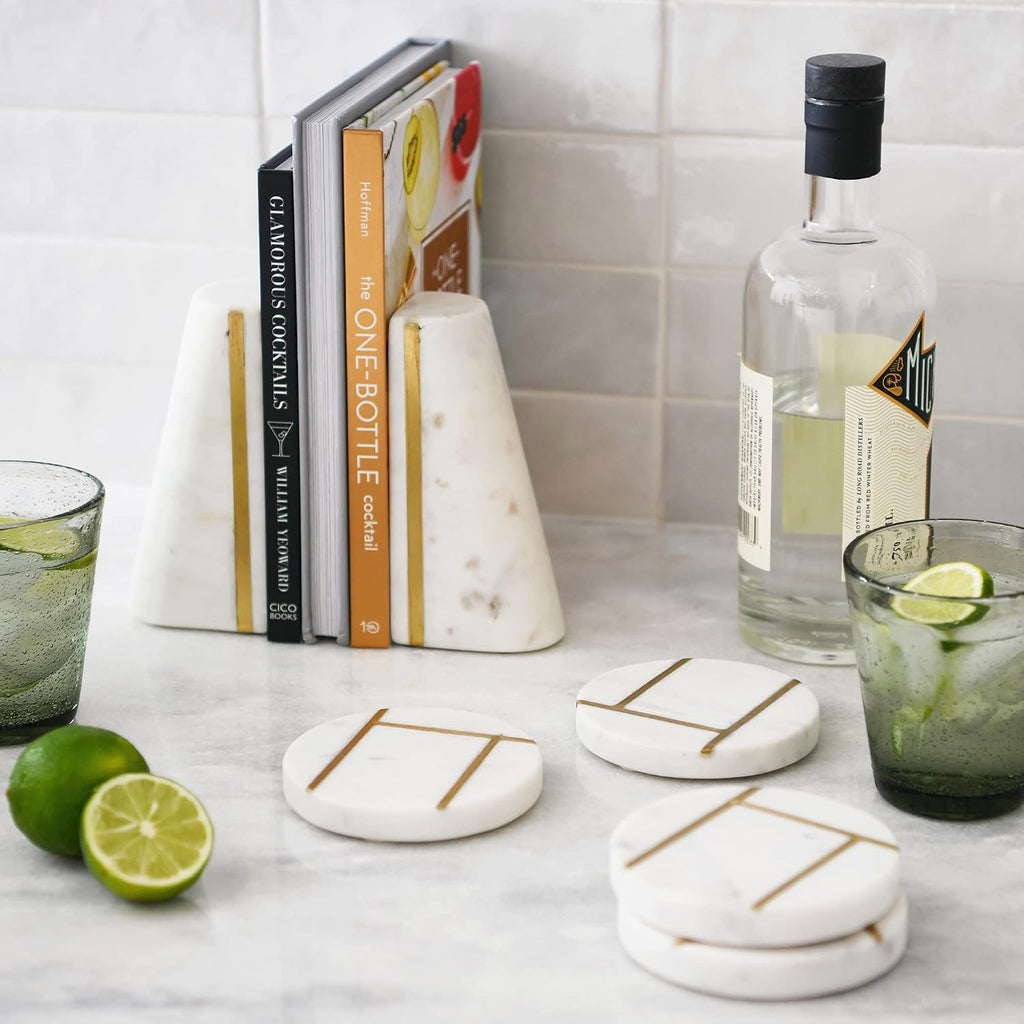 Geometric Marble Bookends with Brass Inlay, White