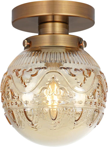 Semi Flush Mount Ceiling Light, Gold Vintage Kitchen Ceiling Lighting Fixture, Amber Globe Glass Close to Ceiling
