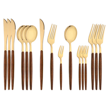 16-Piece Silverware Set with Cake Fork, Gold Stainless Steel Flatware Cutlery Set, Eating Utensils Set with Wooden