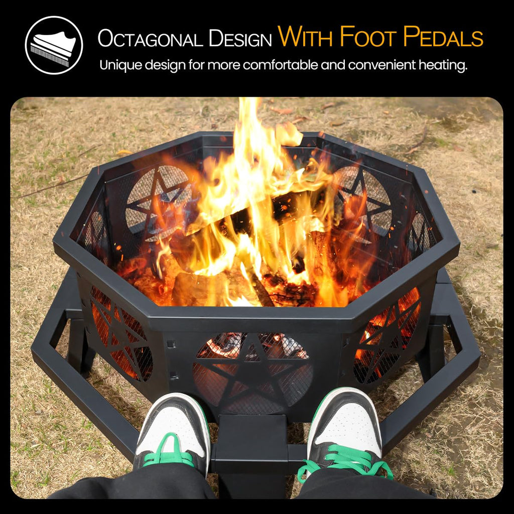 32 Inch Outdoor Octagonal Fire Pit with Fire Poker Black