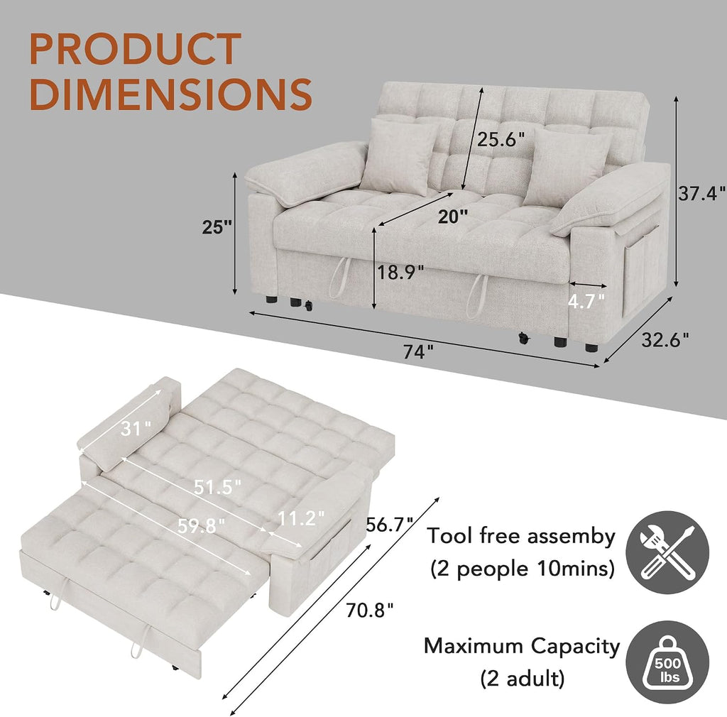 Sleeper Sofa Bed, 70" Pull Out Futon Couch with Small Table| USB Port | Side Pockets | Tool-Free Assembly |