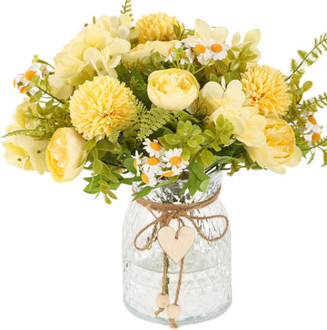 Faux Flowers with Vase,Artificial Silk Peony in Vases Fake Flower Hydrangeas Arrangement for Dining Table Home Office
