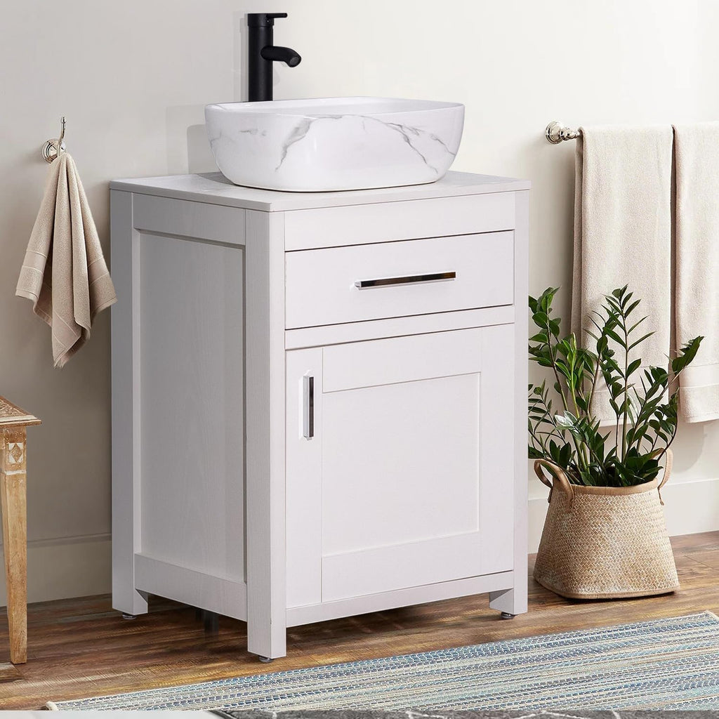 Bathroom Vessel Sink 18'' x 12.6'' Ceramic Porcelain Bathroom Sink Above Counter Basin Washing Bowl with Faucet Pop up Drain Combo, Marble
