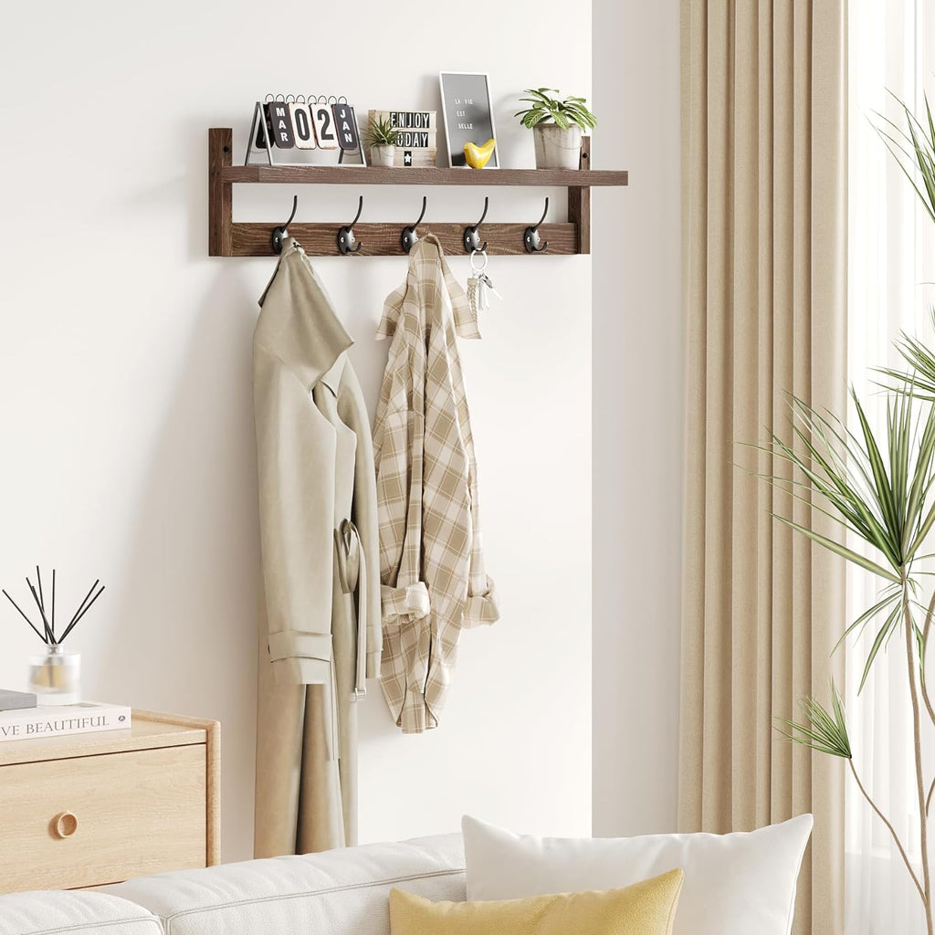 28.9 Inch Length Shelf with Hooks Entryway Coat Rack Wall Mount Wood Coat Hooks with Shelf Wall-Mounted Coat Hook