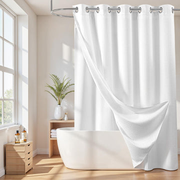 Cotton Blend No Hook Shower Curtain with Liner, White, 71Wx74L | with Snap in Liner, Heavyweight Waffle Fabric, Hotel