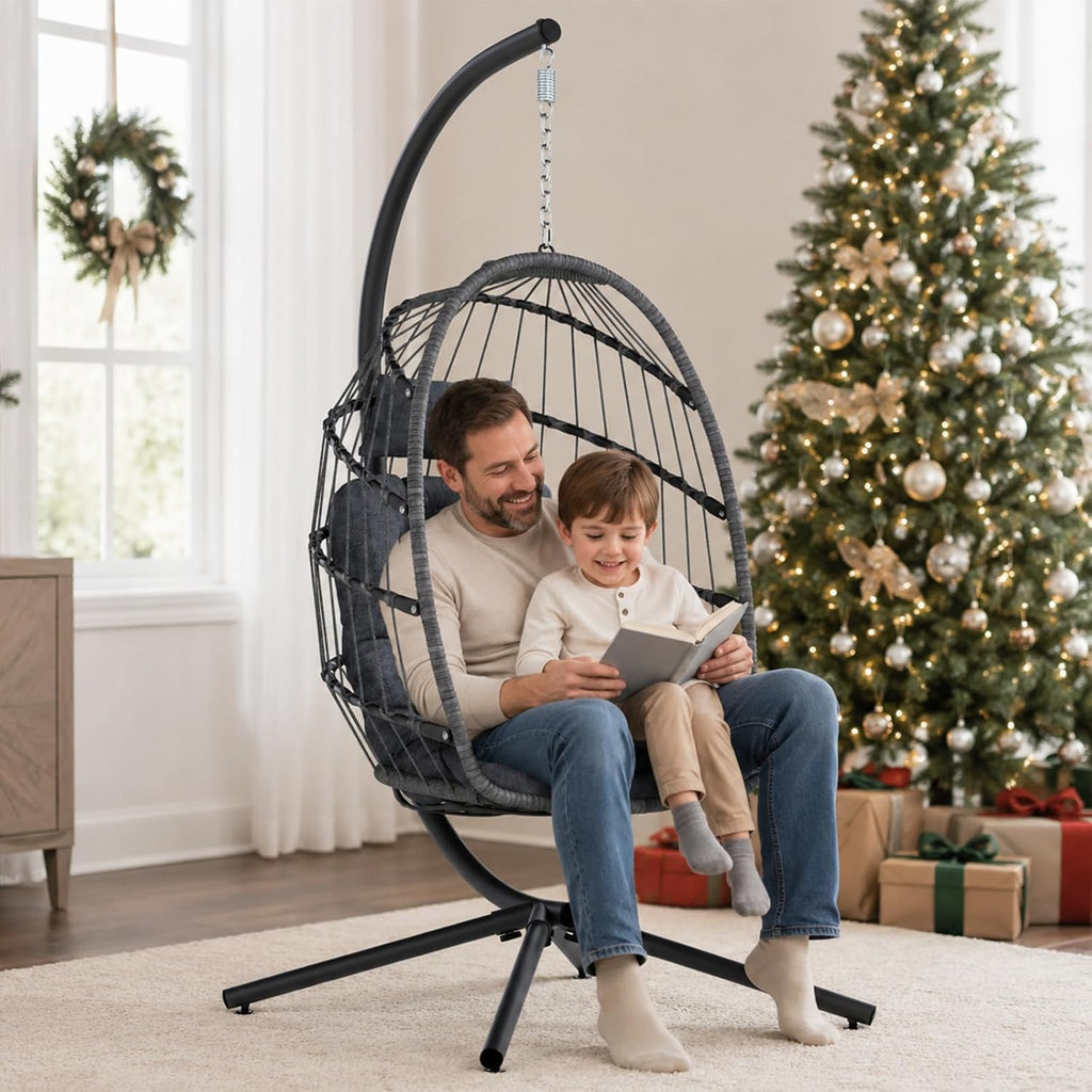 Outdoor Hanging Egg Chair with Stand, Indoor Wicker Egg Shaped Swing Chair with Cushion, 370lbs Capacity Comfy Patio