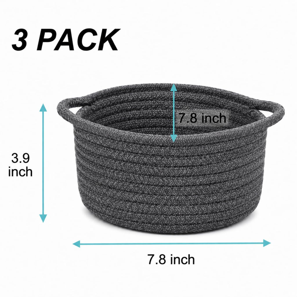 Small Woven Cotton Rope Baskets with Handles, Set of 3, Grey