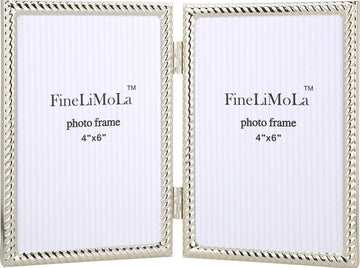 4x6'' Silver Hinged Double Picture Frames, Rope Design Metal Photo Frame with Black Velvet Backing and Real Glass