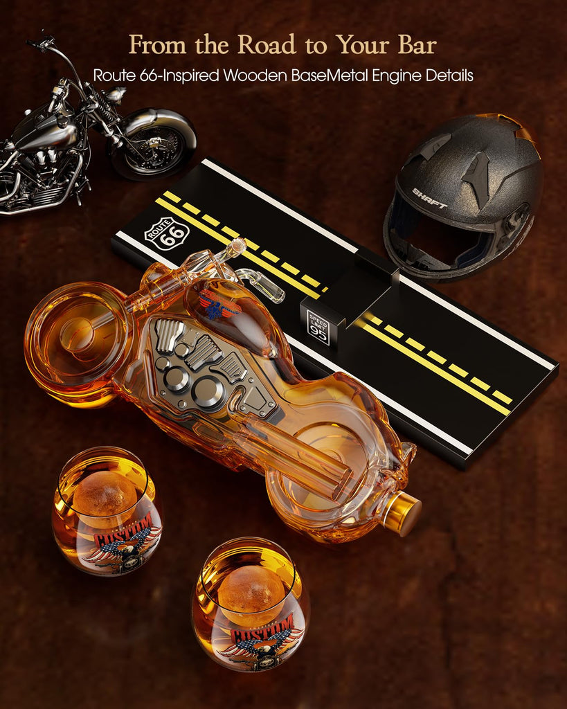 Motorcycle Whiskey Decanter Gift Set with 2 Glasses, Flag