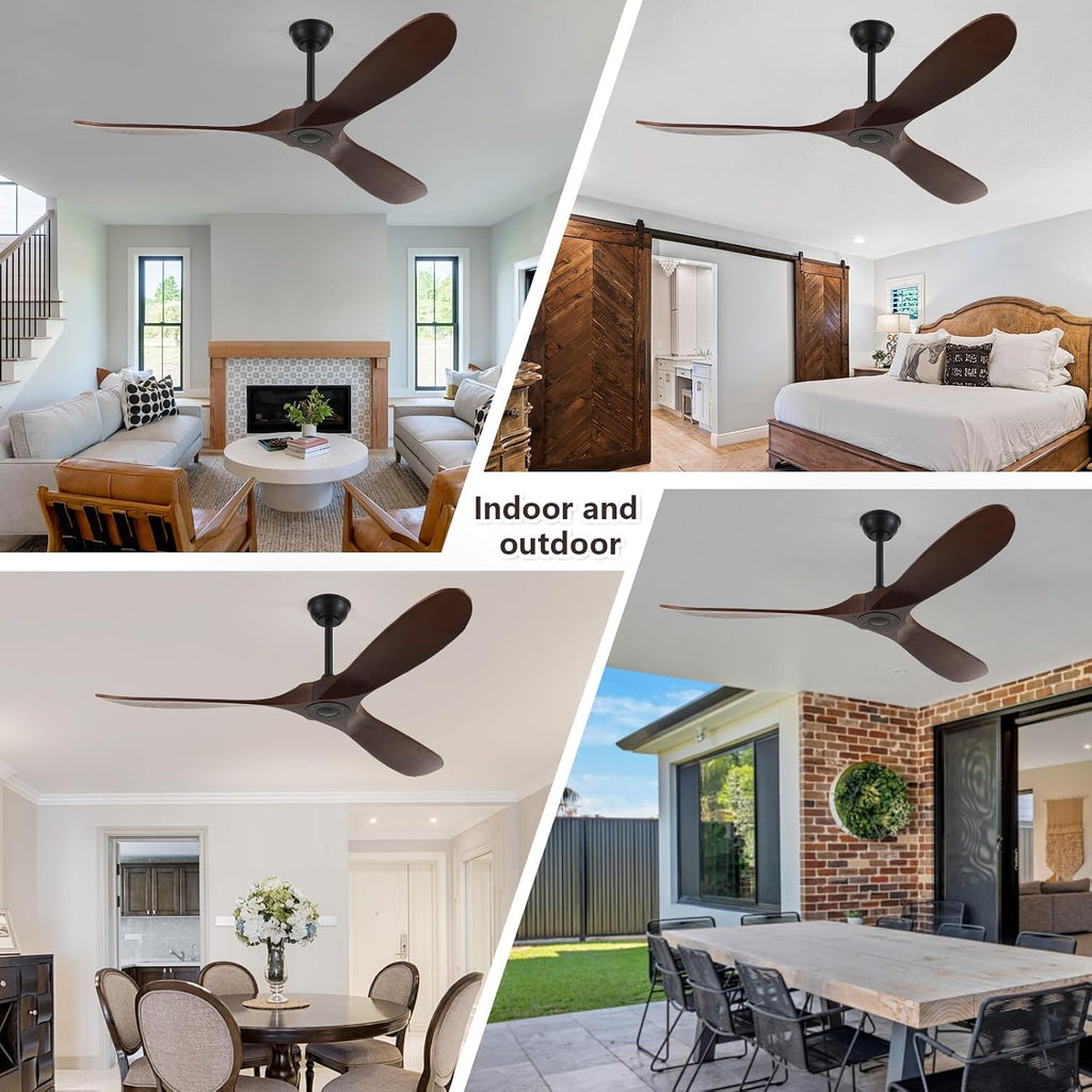 60'' Solid Wood Blades Ceiling Fan without Light,Quiet and Large Airflow with Speed Memory Function
