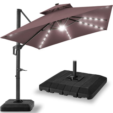 10x10ft Cantilever Patio Umbrella w/Base Included, Solar LED Lights 360 Rotation Large Offset Hanging Outdoor Shade
